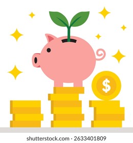 Piggy bank and gold coins. Modern flat design, Piggy bank and coin icon vector.