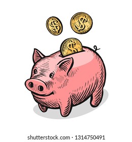 Piggy bank and gold coins. Money, bank, finance concept. Vector illustration