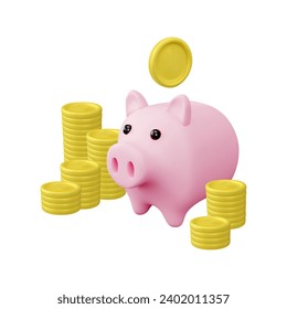 Piggy bank and gold coins realistic 3d design, vector illustration isolated on white background. Financial services and investment concept of money storage and banking.