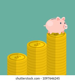 Piggy bank with gold coins. Vector illustration.