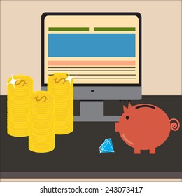 Piggy Bank with a golden coin and computer
