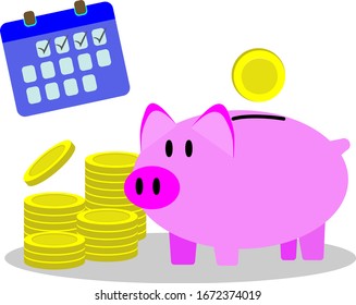 Piggy bank with golden coin input as icon saving or accumulation of money, investment on white background; The concept of banking or business services