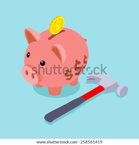 Piggy bank with golden coin and lying hammer. Conceptual illustration suitable for advertising and promotion