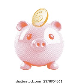 Piggy bank with golden coin riso halftone style vector illustration. Comic retro magazine style concept