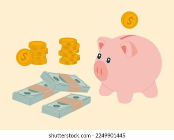 Piggy Bank, golden coins, dollar banknotes. Saving money. Business, finance and investment concept. Hand drawn vector illustration isolated on light background, modern flat cartoon style.