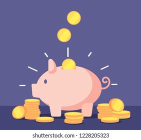 Piggy bank with golden coins. Save money deposit banking and investment vector concept with money box