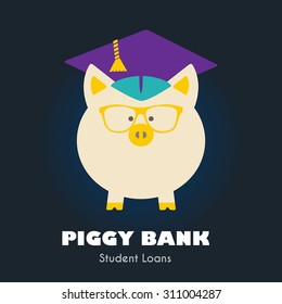 Piggy Bank in Graduate Hat & Glasses vector sign. Student loan, financial aid, money saving plan for high education concept. Educational icon, business sign template. Sample text. Layered, editable