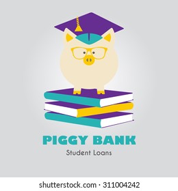 Piggy Bank In Graduate Hat Standing On A Book Pile Vector Sign. Educational Icon Template. Student Loan, Financial Aid, Money Saving Plan For High Education Concept. Sample Text. Layered, Editable