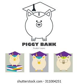 Piggy Bank In Graduate Hat Vector Sign Set. Educational Icon, Business Sign Template. Student Loan, Financial Aid, Money Saving Plan For High Education Concept. Sample Text. Layered, Editable Design