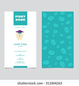 Piggy Bank in Graduate Hat vector sign & business card template in flat style. Student loan, financial aid, money saving plan for high education concept. Sample text. Layered, editable