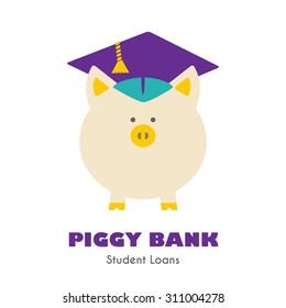 Piggy Bank In Graduate Hat Vector Sign. Educational Icon, Business Sign Template. Student Loan, Financial Aid, Money Saving Plan For High Education Concept. Sample Text. Layered, Editable Design