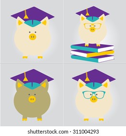 Piggy Bank in Graduate Hat vector sign in flat style. Educational icon, business sign template set. Student loan, financial aid, money saving plan for high education concept. Layered, editable