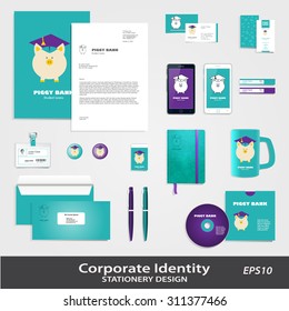 Piggy Bank in Graduate Hat vector sign & corporate identity set template. Educational icon template. Student loan, financial aid, money saving for high education concept. Sample text. Layered editable
