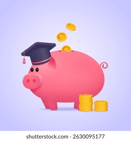 Piggy bank com boné de graduação e moedas em queda simbolizando empréstimo estudantil, economia de propina e sucesso financeiro - ilustração vetorial 3D. Ícone de vetor isolado.