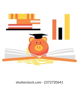 Piggy bank with graduation hat, books and coins on white backgro