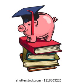 Piggy bank in Graduation hat on stack of books. Saving plan for education, student loan, financial aid concept. Hand drawn sketch style vector illustration isolated on white background