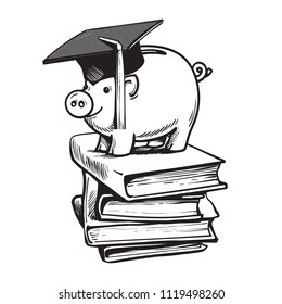 Piggy bank in Graduation hat on stack of books. Saving plan for education, student loan, financial aid concept. Hand drawn sketch style vector illustration isolated on white background