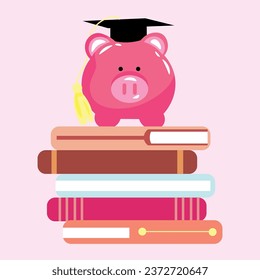 Banco de cerdos con sombrero de graduación y pila de libros sobre rosa claro 