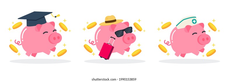 Piggy bank with graduation hat, straw hat, sunglasses, suitcase, nurse cap, and floating golden money coins. Creative financial concept of savings for education, travel, health insurance. Flat style.