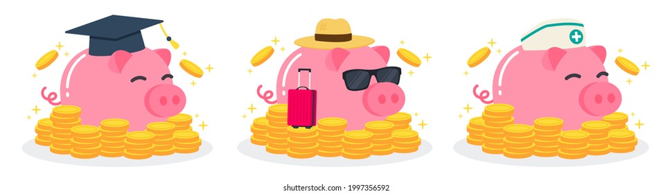 Piggy bank with graduation hat, straw hat, sunglasses, suitcase, nurse cap, and stack of golden money coins. Creative financial concept of savings for education, travel, health insurance. Flat style.