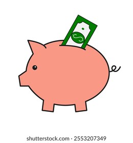 Piggy Bank Green Dollar Paper Bill. Money savings concept. Earning money, investment, business advertising. Cute cartoon kawaii animal. Flat design. White background Isolated. Vector illustration