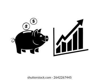 Piggy bank with growing graph represents increasing savings, Icons Representing Financial Concepts, piggy bank, graph, business, finance, investment, savings, growth, success, money, dollar, profit, i