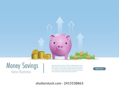 Piggy bank with growth graph profit in return on investment. Saving money, banking, investment and financial planning. 3D vector cartoon character.