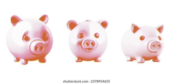 Piggy Bank halftone vector pictograms set. Duotone dotted iconic Pigs symbols on a white background. Riso vintage vector illustration.