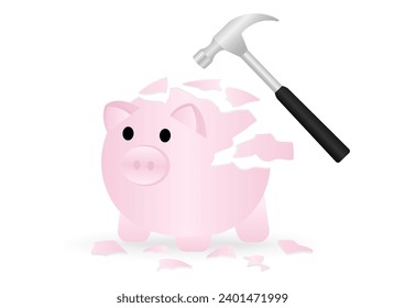 Piggy Bank with Hammer. Growing Money, Saving and Investment Concept. Vector Illustration.