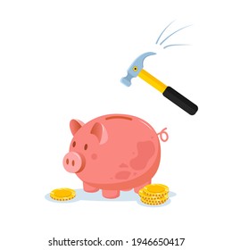 Piggy bank with hammer raised above it to smash. Spending money concept. Financial symbol. Banking or business services. Vector illustration in flat cartoon style.