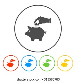 piggy bank and hand with coin black icon.vector illustration
