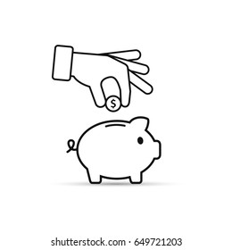 Piggy Bank And Hand With Coin Black Outline Icon. Vector Isolated Illustration.