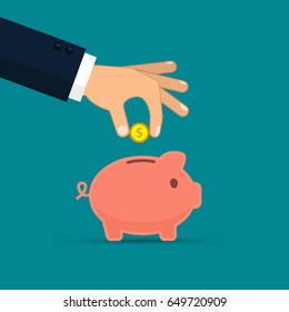 Piggy bank and hand with coin color illustration. Vector business concept.