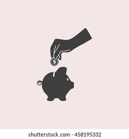 Piggy bank hand with a coin over it web icon. Isolated illustration