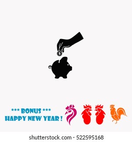 Piggy bank hand with a coin over it vector icon