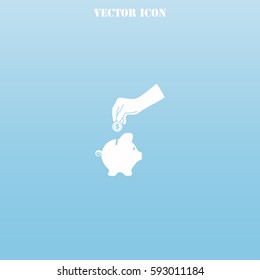 Piggy bank hand with a coin over it vector  icon.