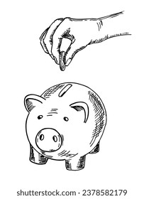 Piggy bank and hand with coin. Hand putting money into saving piggy bank. Vector sketch illustration in white background 