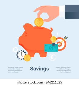 Piggy Bank with Hand and Coin. Saving Money and Investment Business Concept. Flat Style with Long Shadows. Material Design. Vector Illustration.