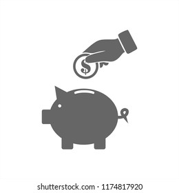 Piggy bank and hand with coin. Vector illustration
