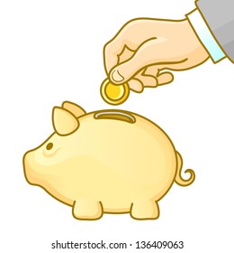 Piggy bank and hand with coin. Vector illustration.