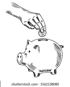 Piggy bank and hand with coin. Vector sketch illustration