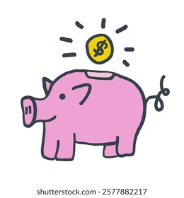 piggy bank in hand drawn style. Elements for stickers decoration design mail posts postcards poster print background backdrop