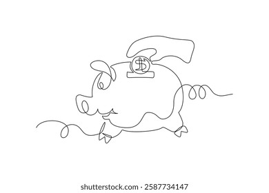 a piggy bank with a hand dropping a coin, symbolizing savings, investment, and financial growth. Minimalist continuous line art, ideal for banking and economic themes, Vector Editable stroke