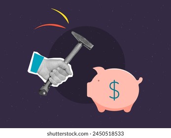 Piggy bank and a hand with a hammer. Money box smashed by a hammer. Vector illustration in a modern collage style