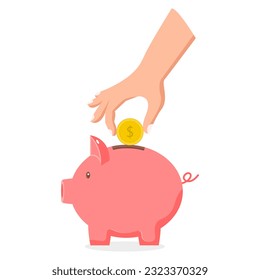 piggy bank with hand holding coin vector illustration. icon of saving money. banking or investment concept