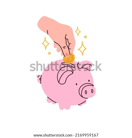 Piggy bank. Hand putting coin into piggy bank. Earning money, savings, investment, business advertising concept. Hand drawn isolated modern Vector illustration