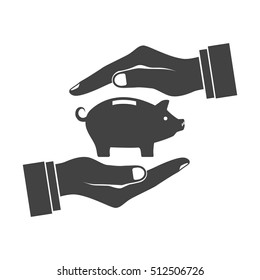 Piggy bank in hands icon, symbol of protection money, concept. Safe and secure investment, insurance. Vector illustration flat design style. Isolated on background.