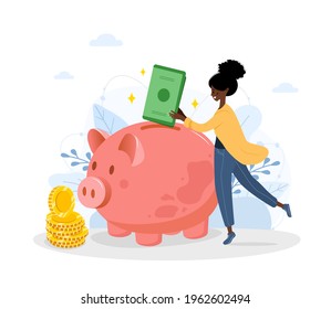 Piggy bank. Happy african woman puts green banknotes in money box. Save money concept. Investments in future. Financial symbol. Banking or business services. Vector illustration in flat cartoon style.