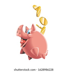 Piggy Bank happy and cheerful. Coins are flying into it from above