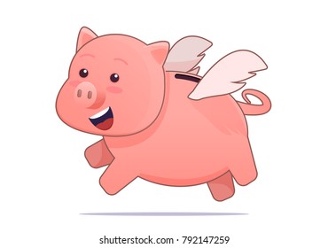 Piggy bank. Happy smiling Jumping or flying pig with wings. vector illustration. isolated on white background
